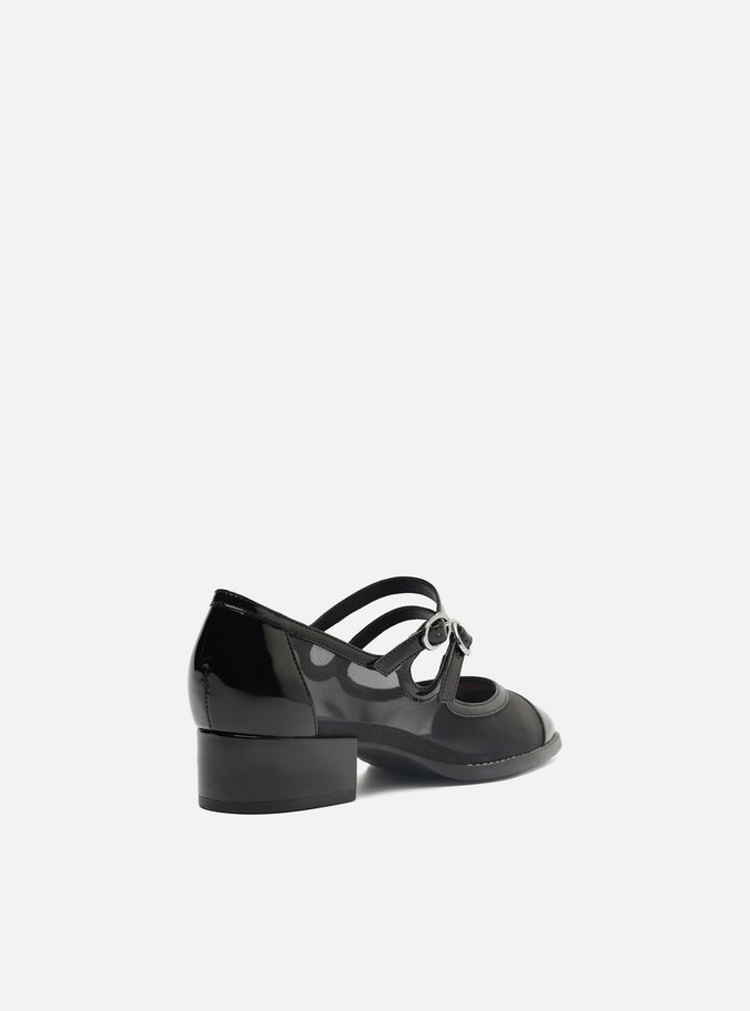 Sapato Boneca Preto Tela Bloco Cap Toe