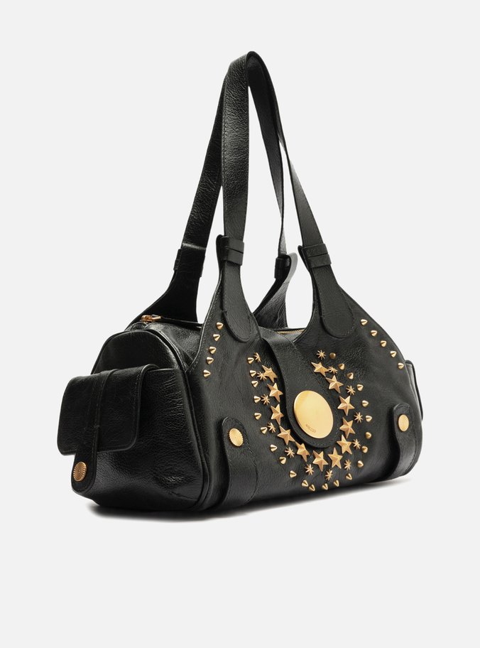 Bolsa Bowling Preta Couro Grande Metais Folk