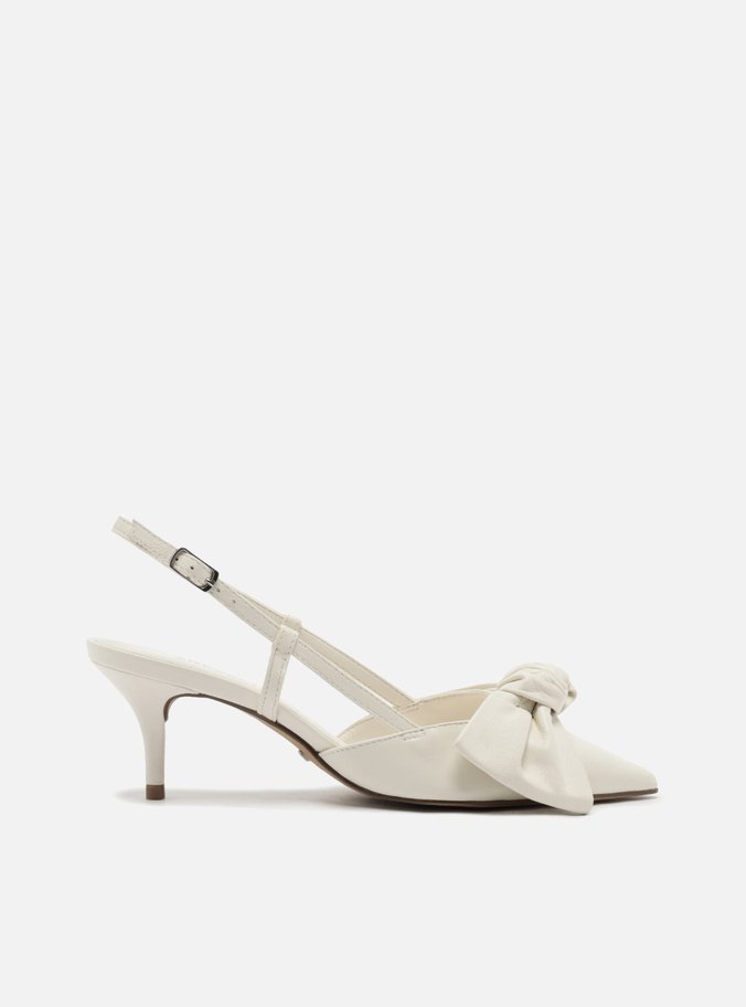 Scarpin Branco Couro Salto Fino Maxi Laço Slingback