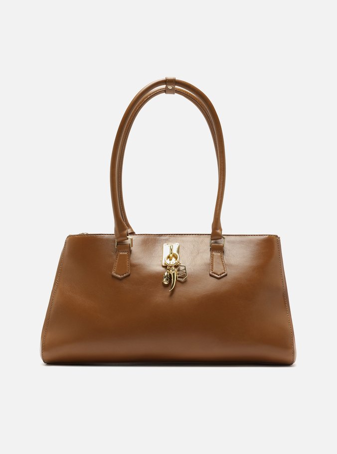 Bolsa Tote Marrom Couro Grande Metal Charms