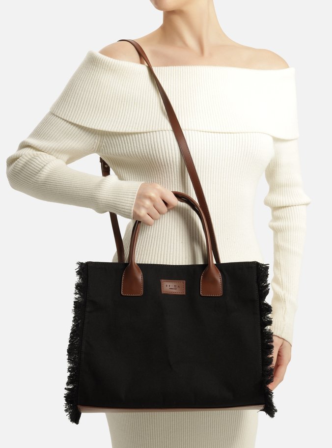 Bolsa Tote Preta Lona Média Franjas Lulu