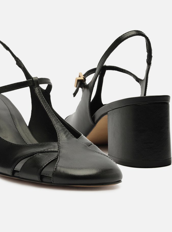 Sapato Boneca Preto Couro Slingback Recortes