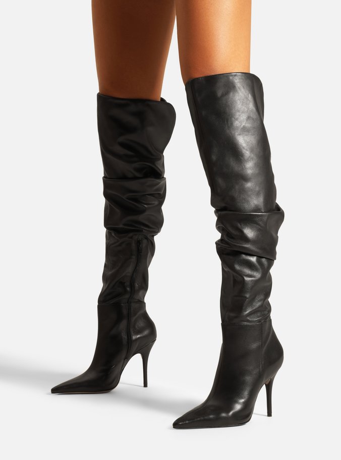 Bota Over The Knee Preta Couro Salto Fino
