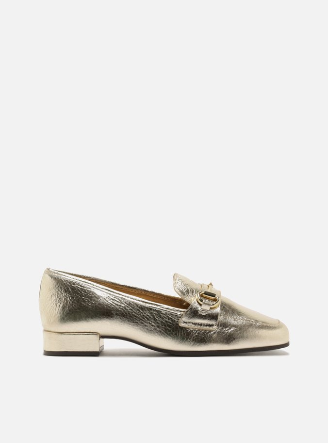 Mocassim Dourado Couro Salto Baixo Bloco Bridão