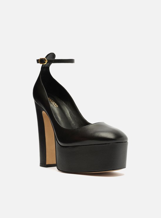 Scarpin Preto Couro Meia Pata Bloco