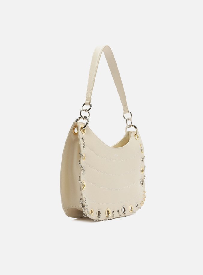 Bolsa Hobo Branca Couro Média Costuras Metais
