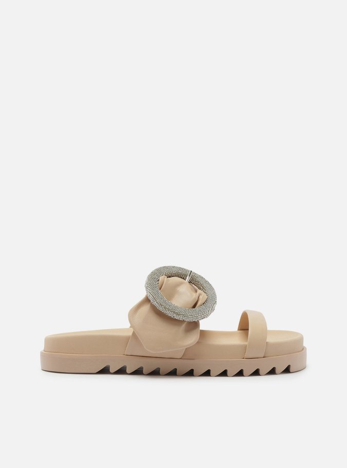 Sandália Nude Couro Flatform Fivela Cristais