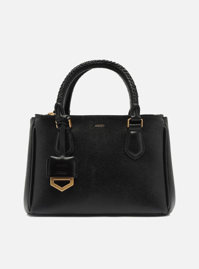 Tote Preta Couro Média Bag Charm Metal