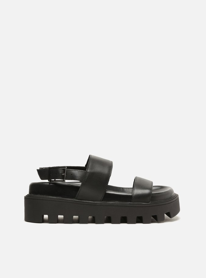 Sandália Preta Couro Flatform Tratorada