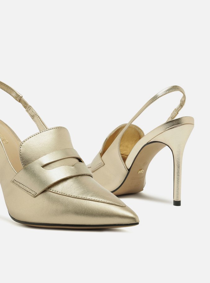 Scarpin Dourado Salto Alto Sling Back