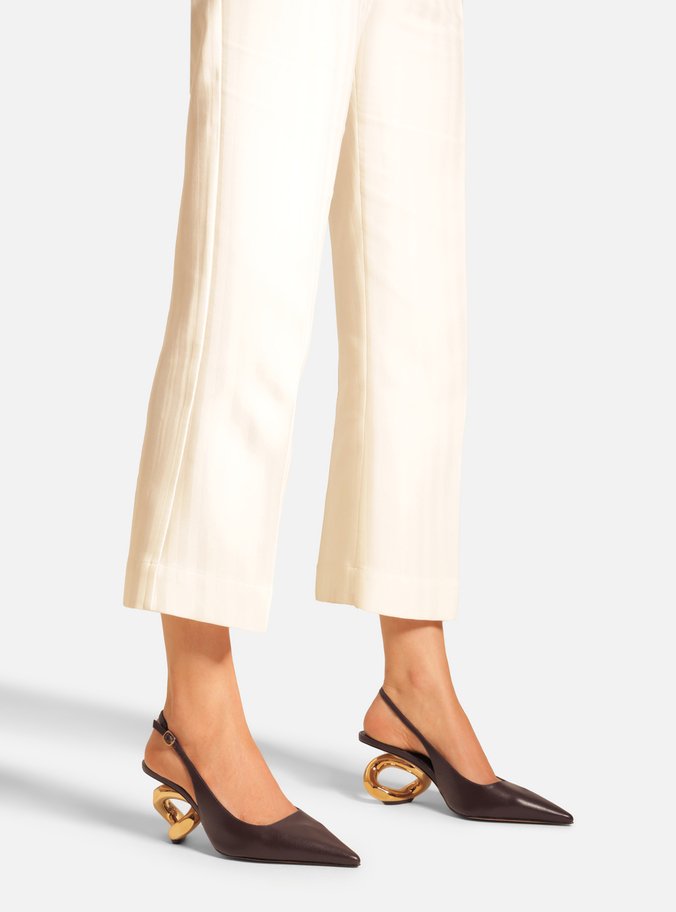 Scarpin Marrom Couro Salto Geométrico Slingback