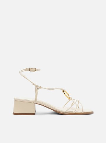 Sandália Branca Salto Bloco Tiras Metal