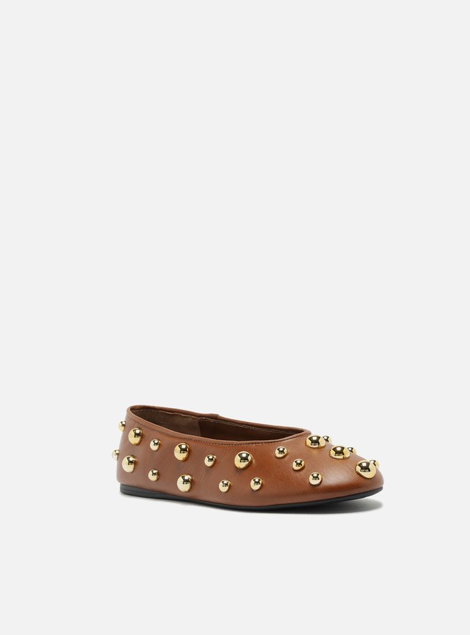 Sapatilha Marrom Couro Bico Redondo Studs