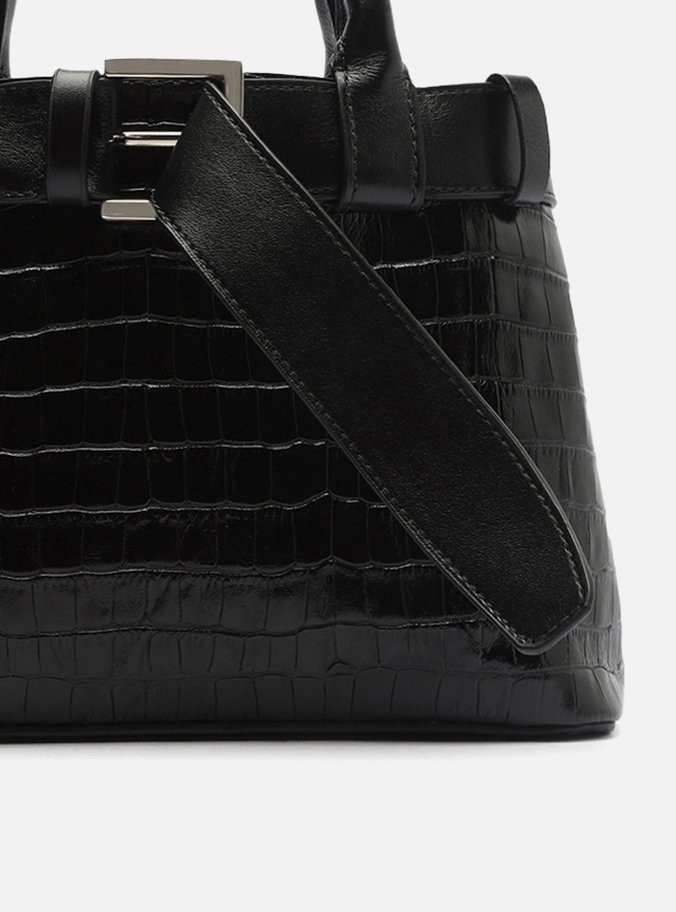 Bolsa Tote Preta Couro Croco Média Fivela