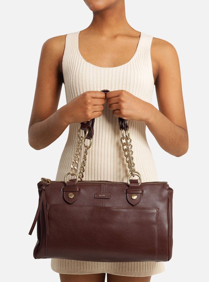 Bolsa Tote Marrom Couro Grande Alças Bolso