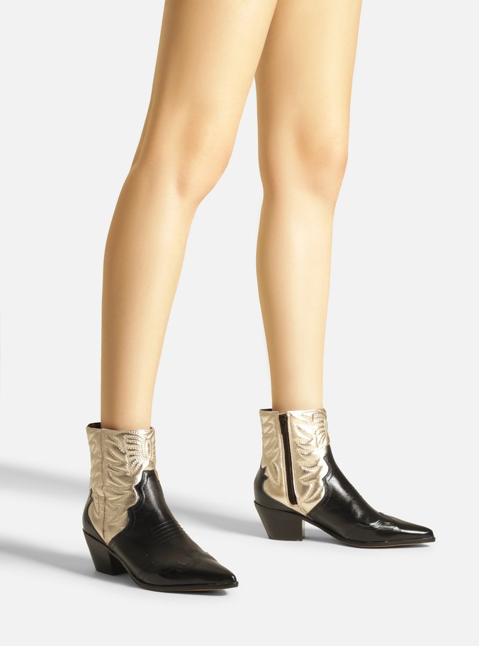 Bota Preta Couro Cano Curto Western Dourada