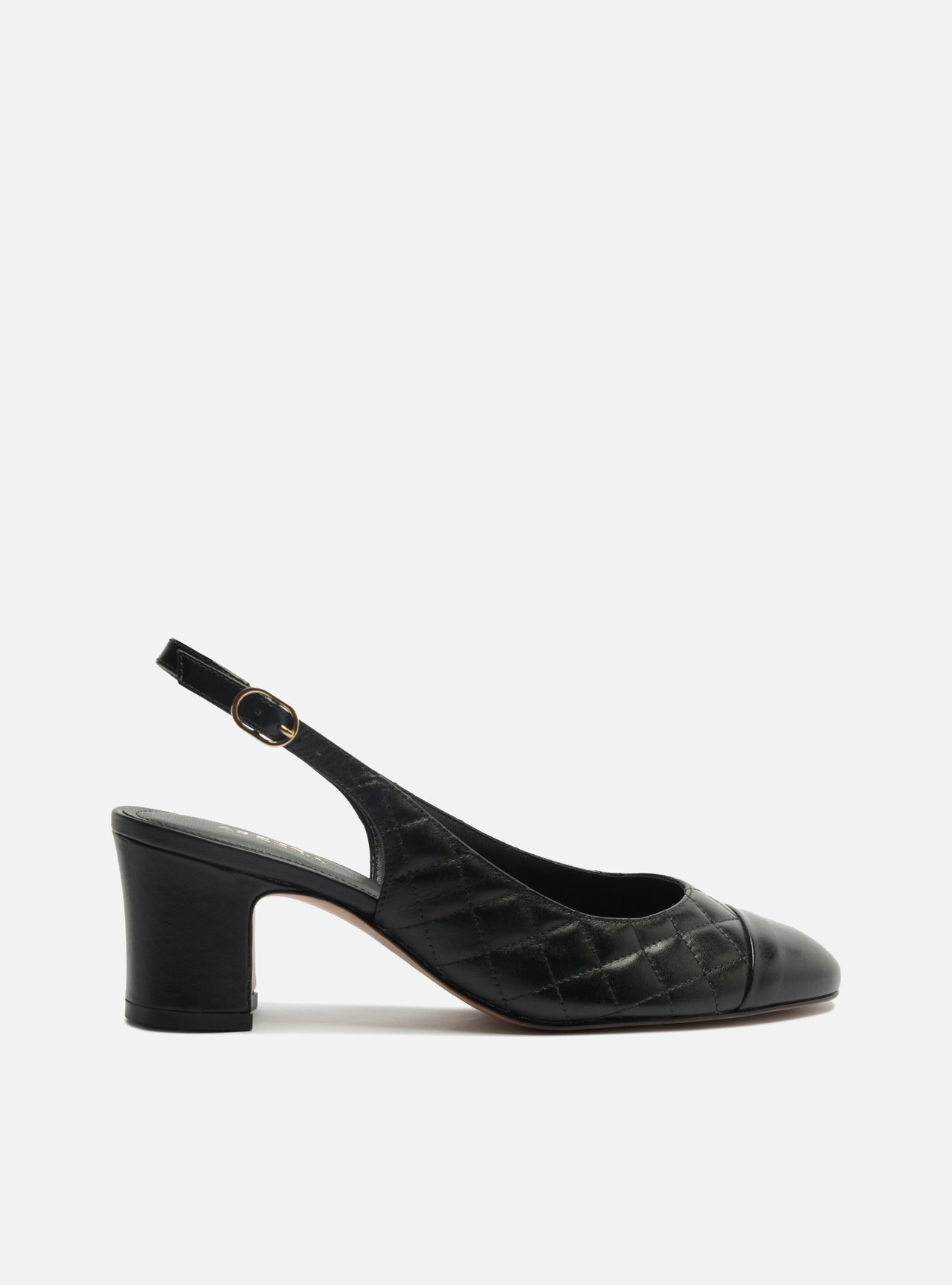 Scarpin Preto Couro Salto Bloco Fivela Slingback — foto 1