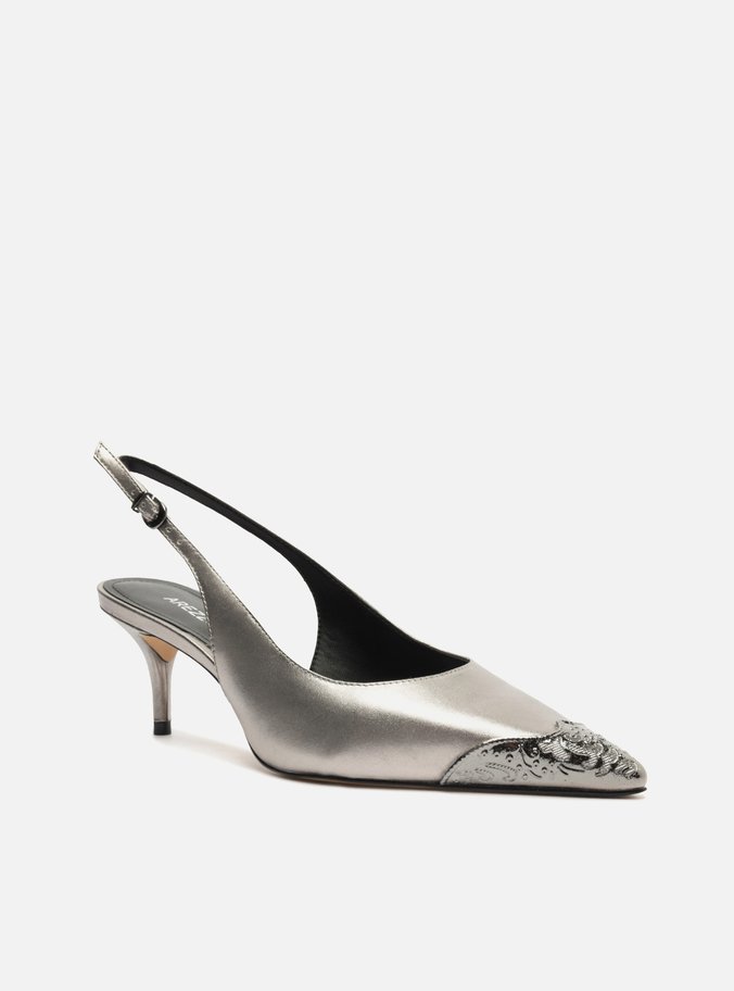 Scarpin Prata Couro Bico Fino Slingback Biqueira