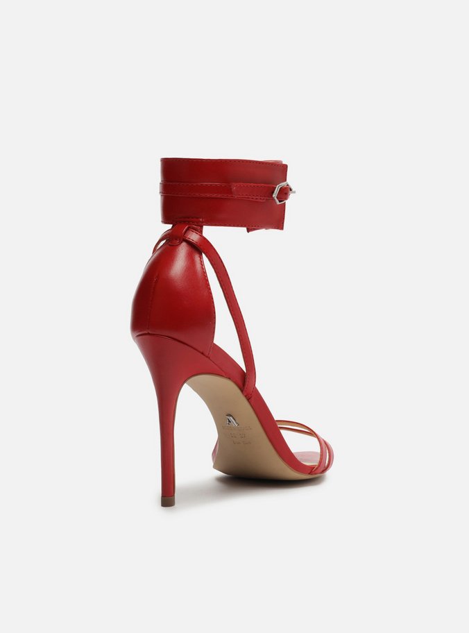 Sandália Vermelha Couro Salto Fino Ankle Strap