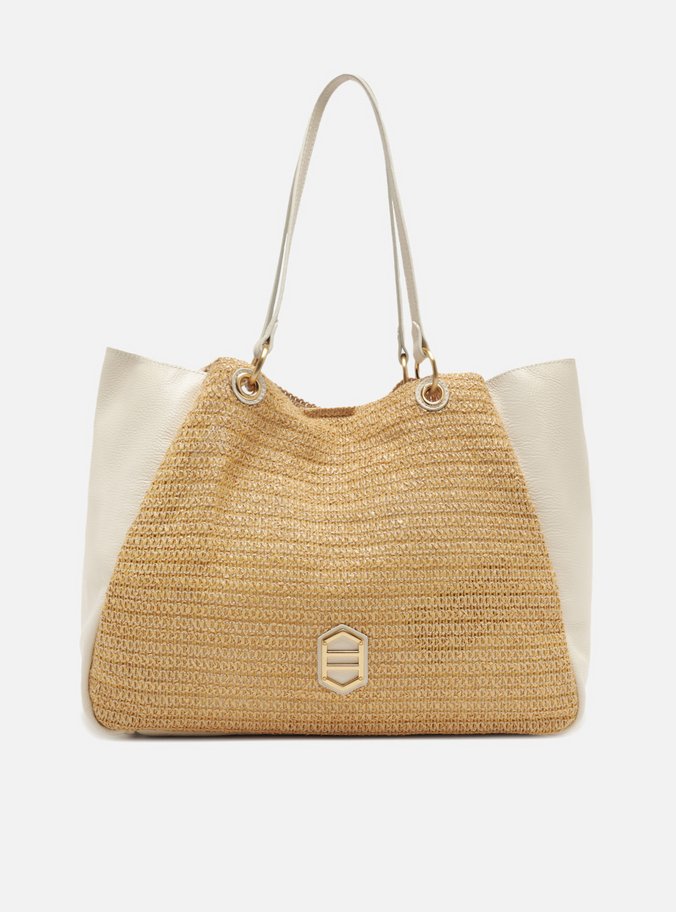 Bolsa Shopping Branca Couro Grande Palha