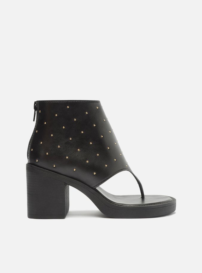 Sandal Boot Preta Couro Salto Bloco Studs