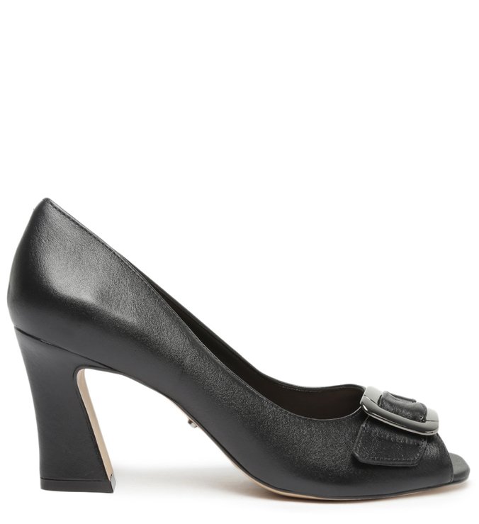 Peep Toe Preto Couro Salto Bloco Fivela
