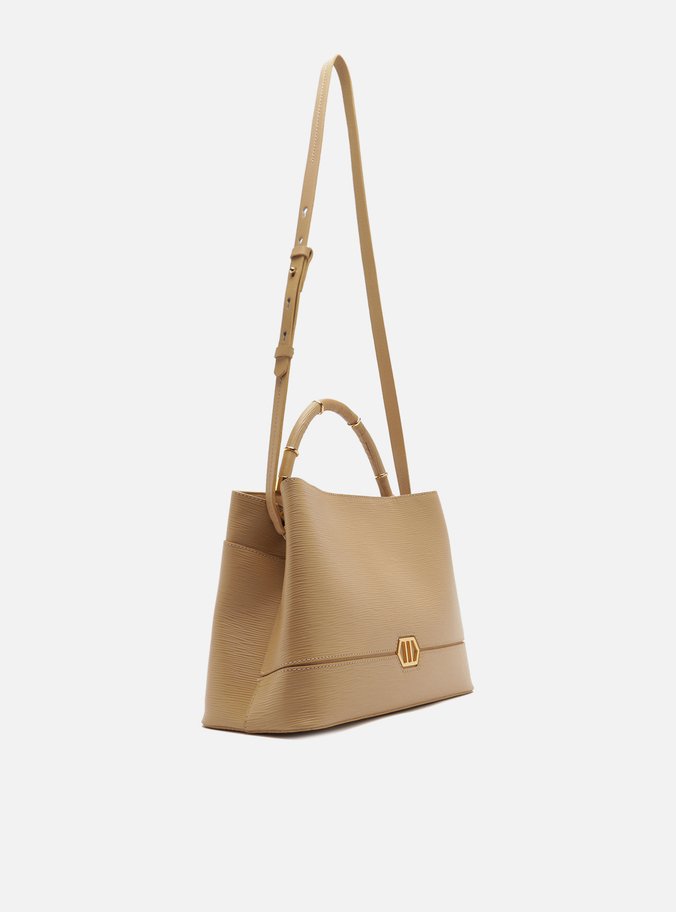 Bolsa Tote Bege Couro Grande Anéis