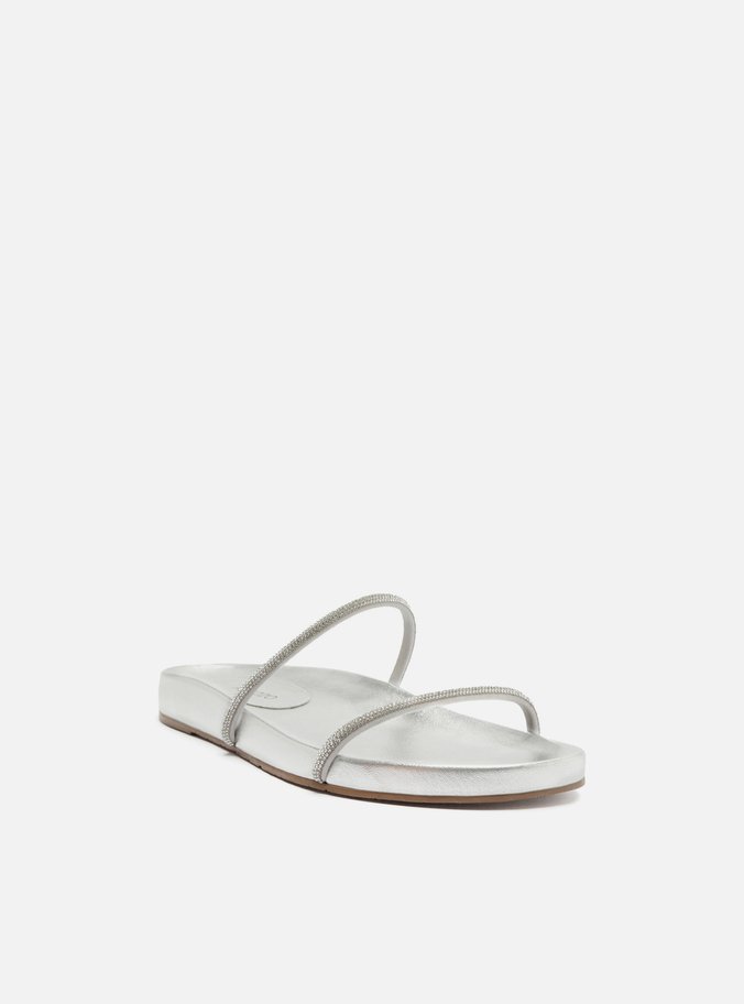 Sandália Rasteira Prata Tiras Strass Minimal