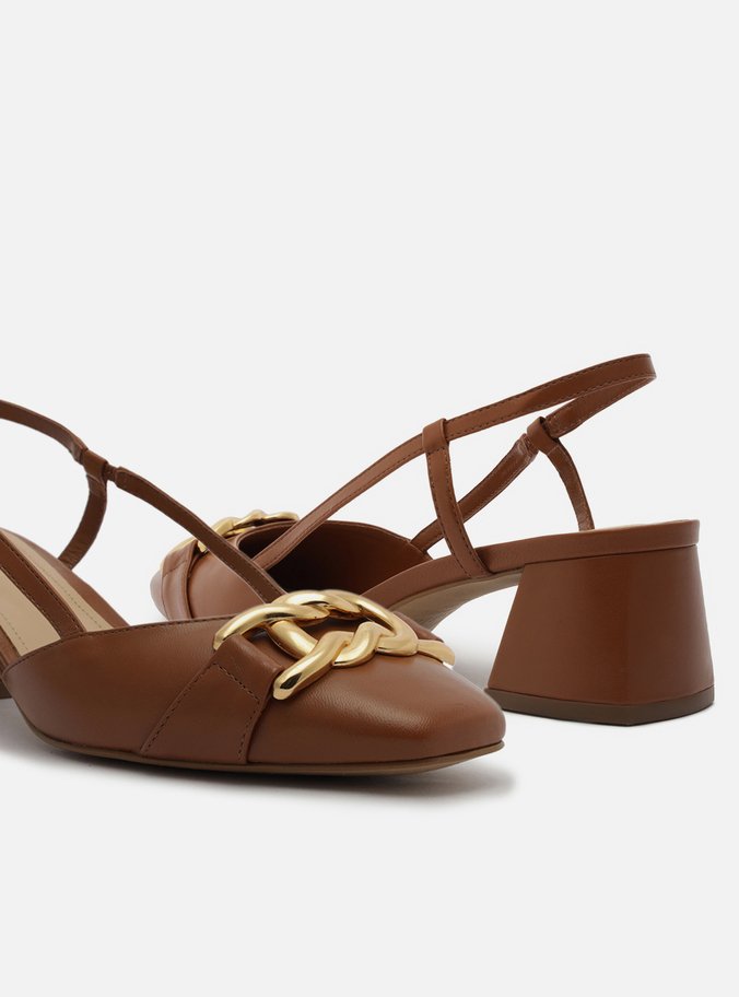 Scarpin Marrom Couro Bico Quadrado Aberto Metal