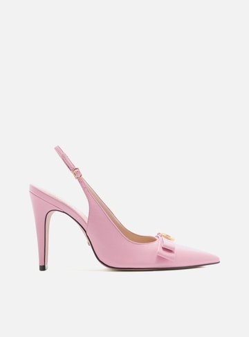 Scarpin Rosa Couro Bico Fino Slingback Laço