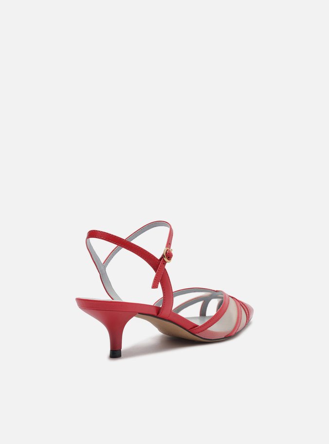 Scarpin Vermelho Couro Tela Salto Baixo Fivela