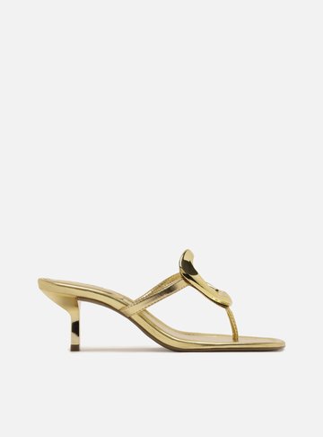 Tamanco Dourado Salto Kitten Metal Orgânico