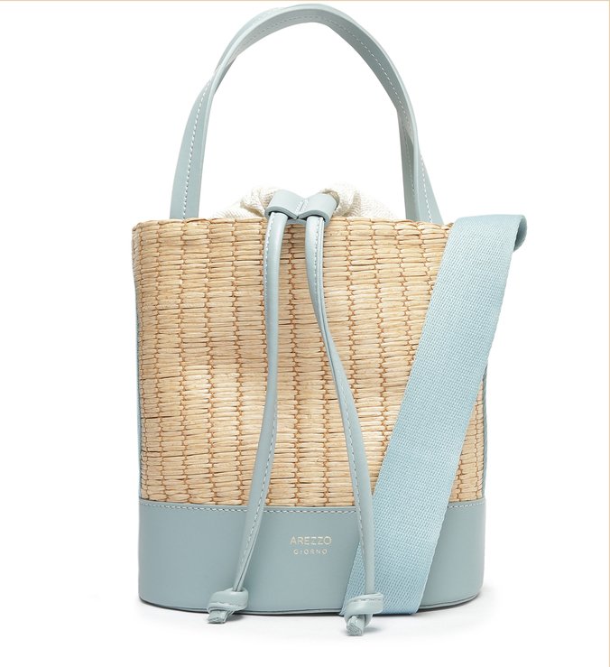 Bolsa Bucket Azul Palha Flora Média