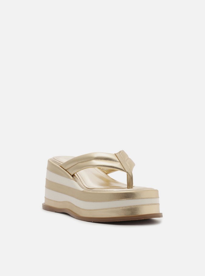 Tamanco Dourada Couro Plataforma Flip Flop