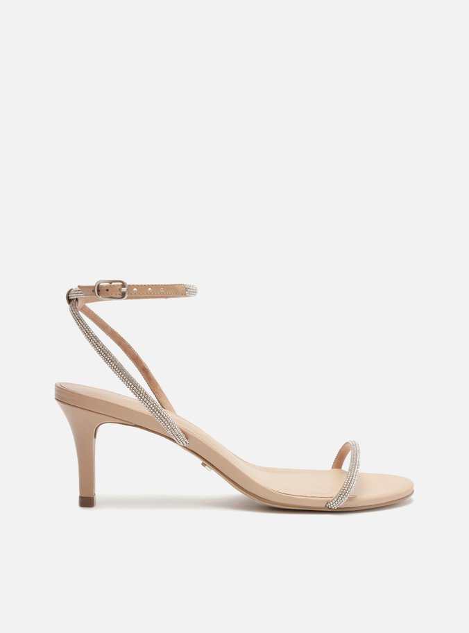 Sandália Bege Couro Salto Alto Fino Strass