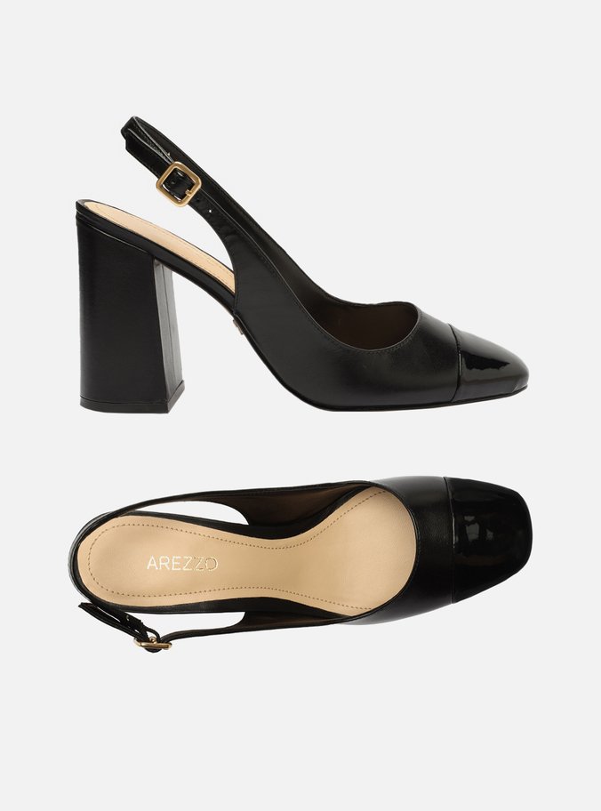 Scarpin Preto Couro Salto Bloco Cap Toe