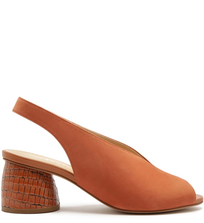Sandália Nobuck Salto Bloco Peep Toe Croco Argila Real