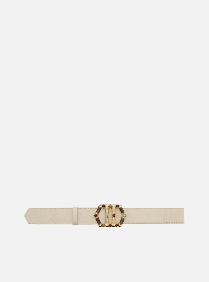 Cinto Off White Couro Largo Fivela Sextavada Pedrarias