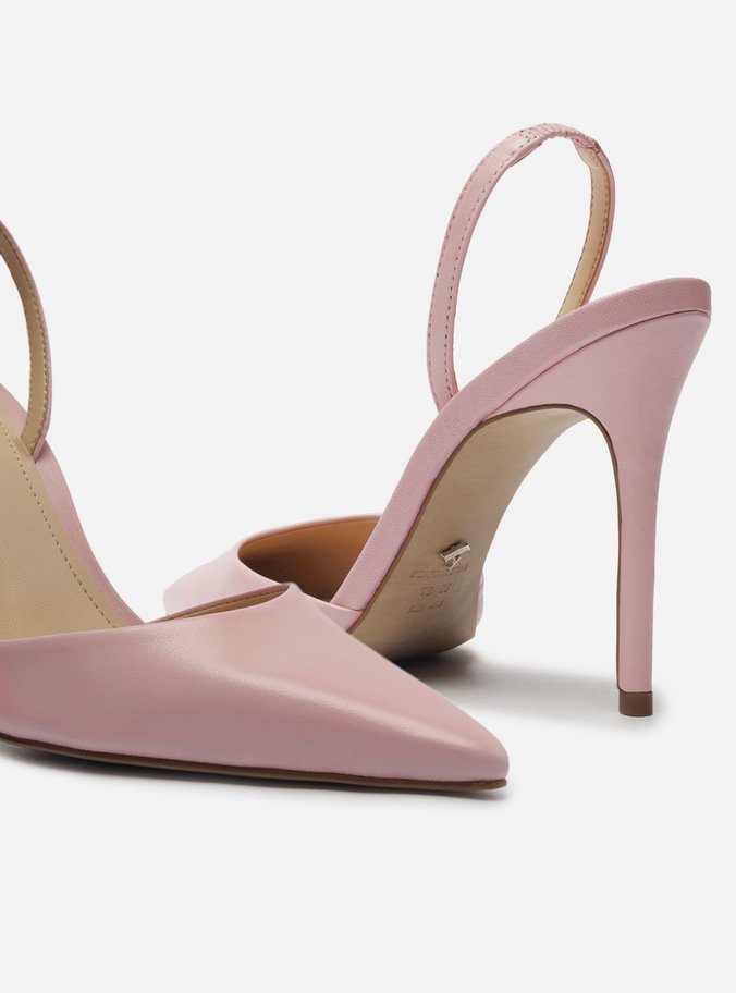 Scarpin Rosa Couro Salto Alto Bico Fino Aberto