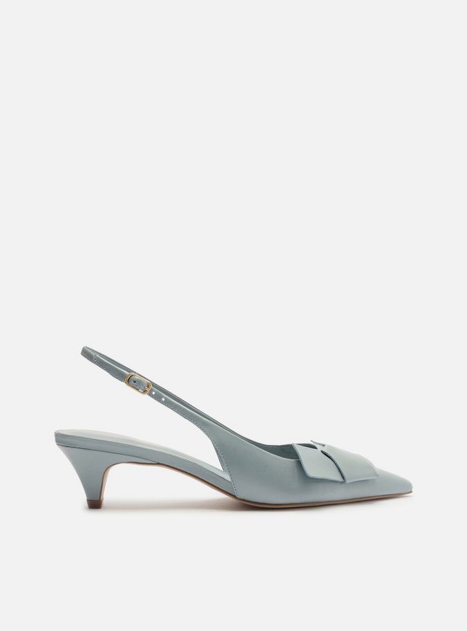 Scarpin Azul Couro Bico Fino Slingback Laço