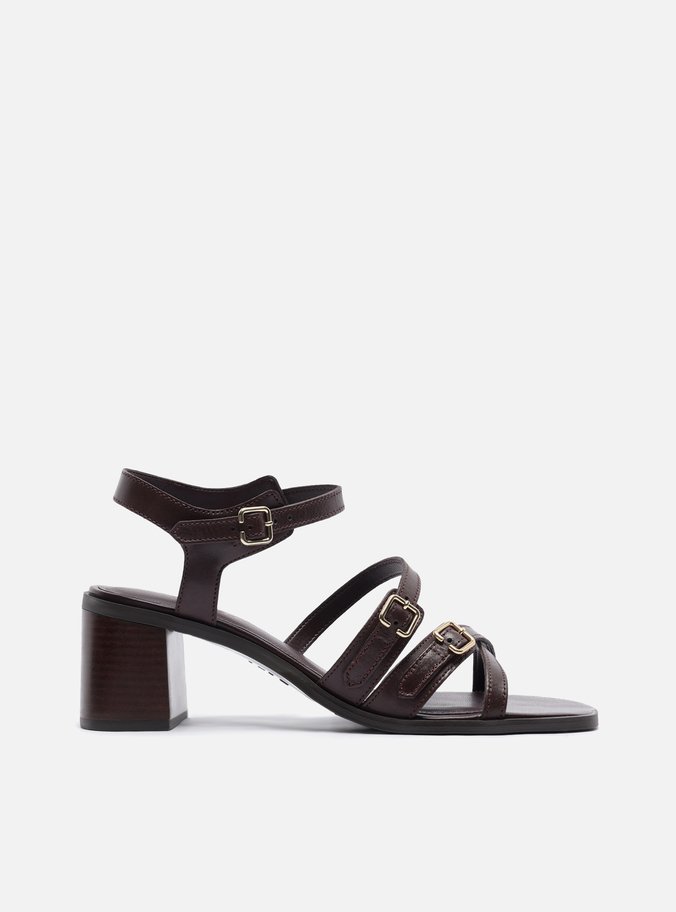 Sandália Bordô Couro Salto Bloco Fivelas