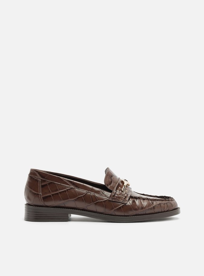 Mocassim Marrom Couro Salto Bloco Croco Bridão