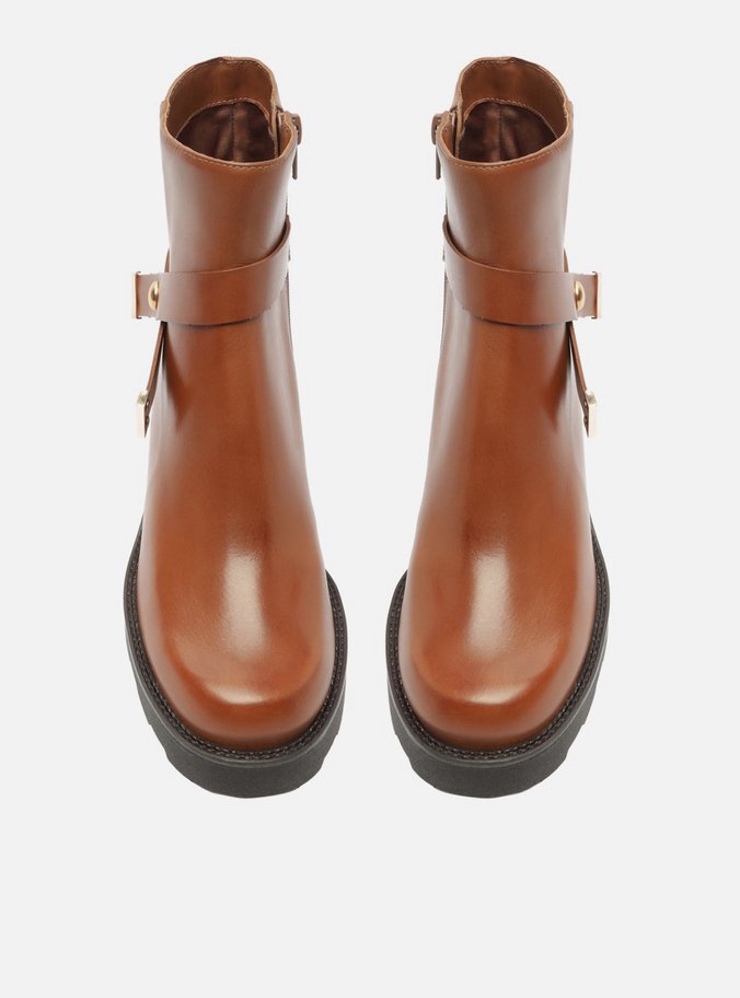 Bota Marrom Couro Cano Curto Salto Alto Tira