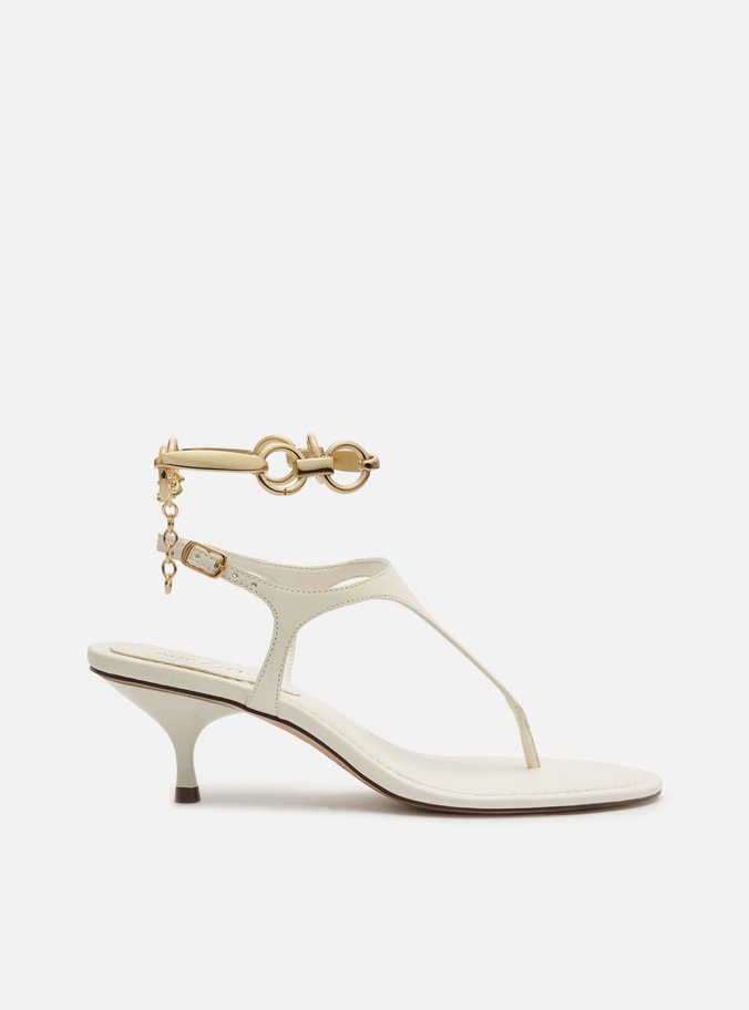 Sandália Off White Couro Salto Kitten Thong Tornozeleira