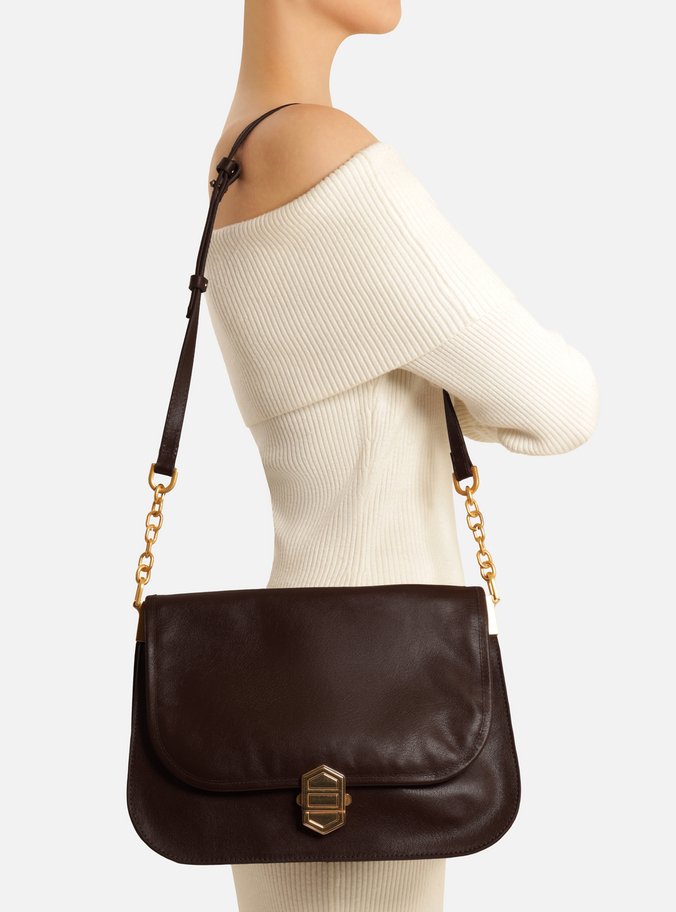 Bolsa Tiracolo Marrom Couro Grande Peça Metal