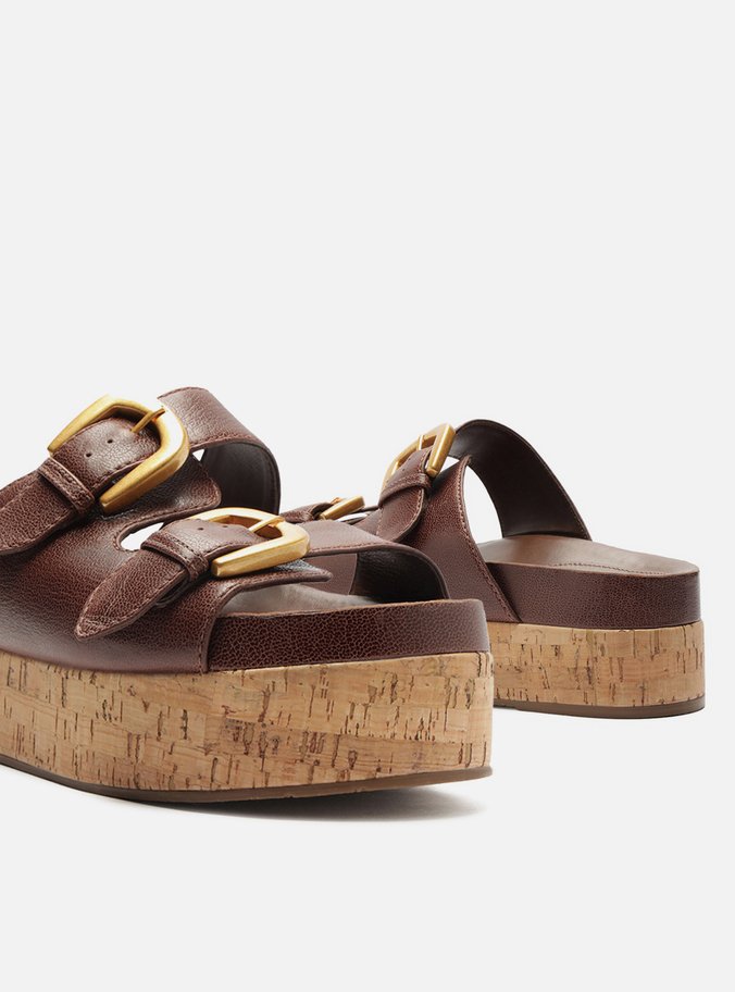 Sandália Marrom Dark Couro Flatform Cortiça Fivelas