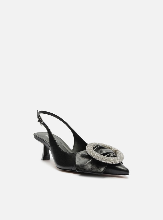 Scarpin Preto Couro Slingback Fivela Cristais