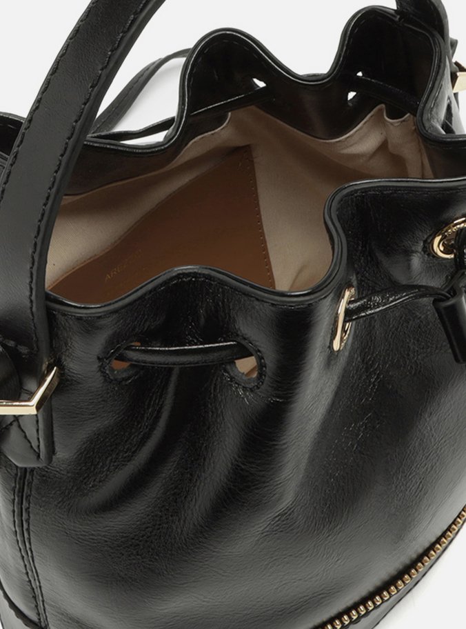 Bolsa Bucket Preta Couro Média Zíper