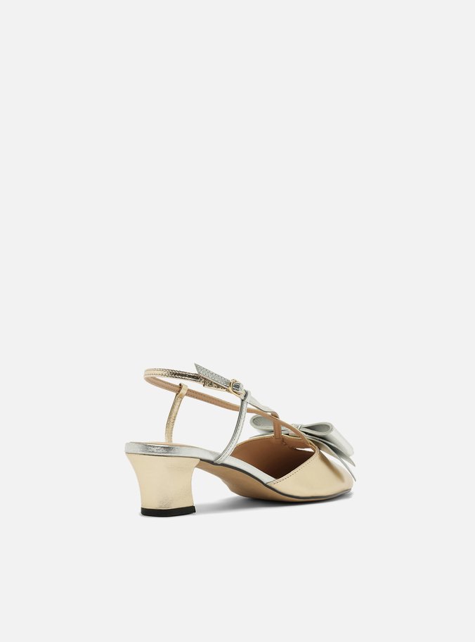 Scarpin Dourado Couro Salto Baixo Slingback Laço