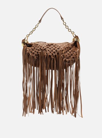 Bolsa Hobo Marrom Couro Média Tressê Franjas